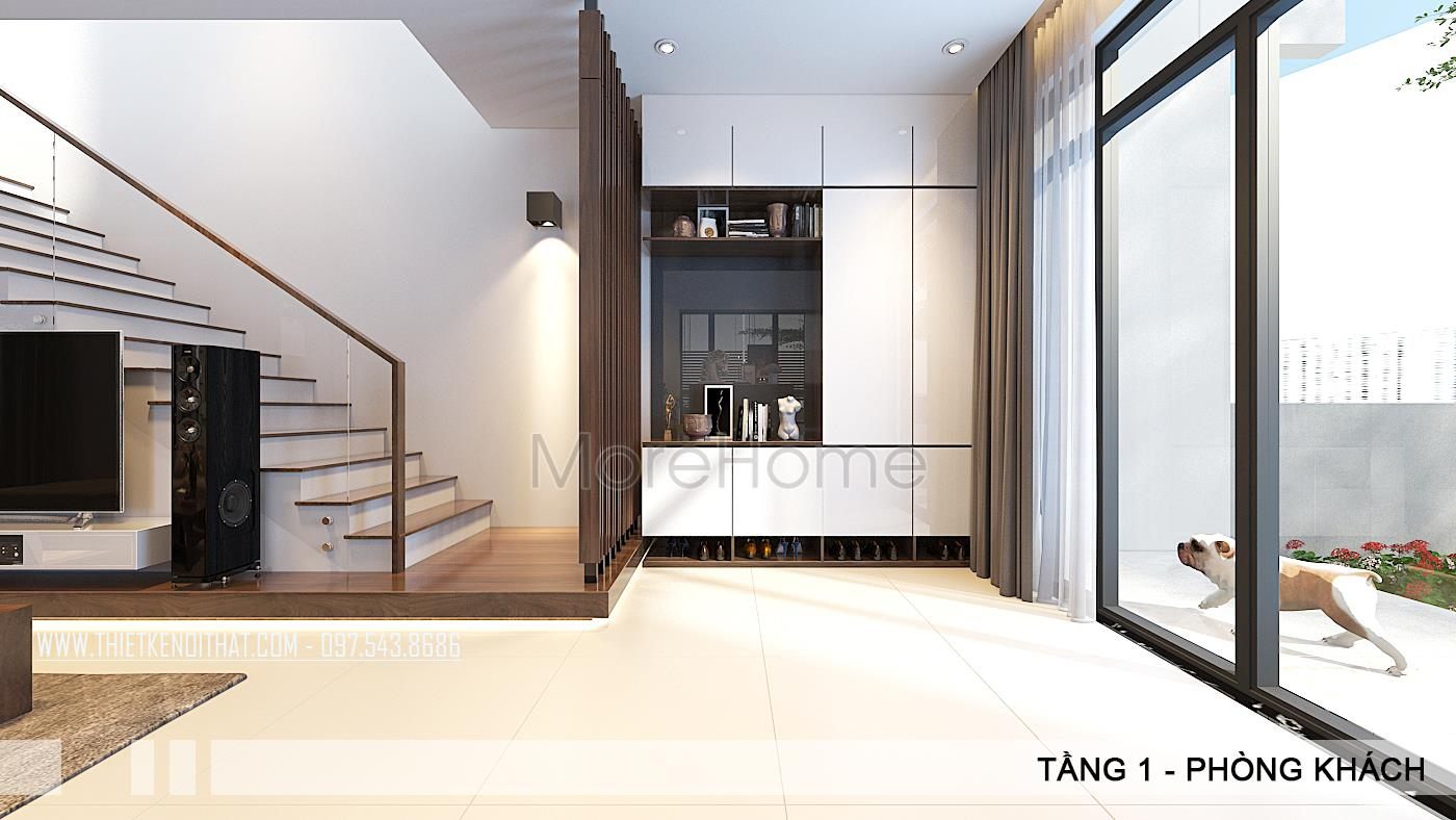 Cầu thang gỗ trong mẫu thiết kế biệt thự VinHome Thăng Long